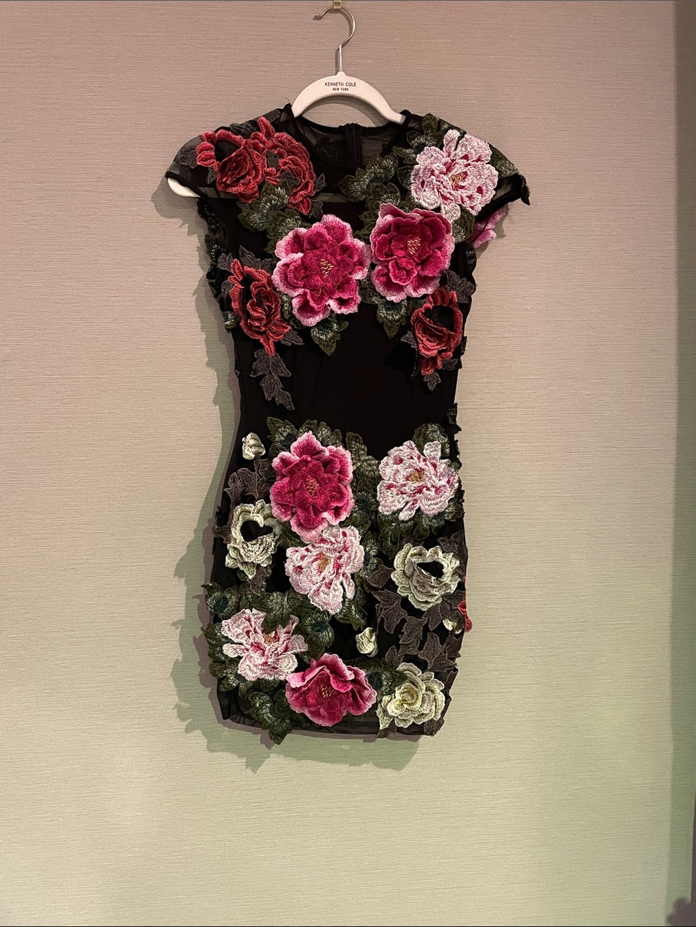 Floral Appliqué Black Bodycon Dress with Pink & Red Roses